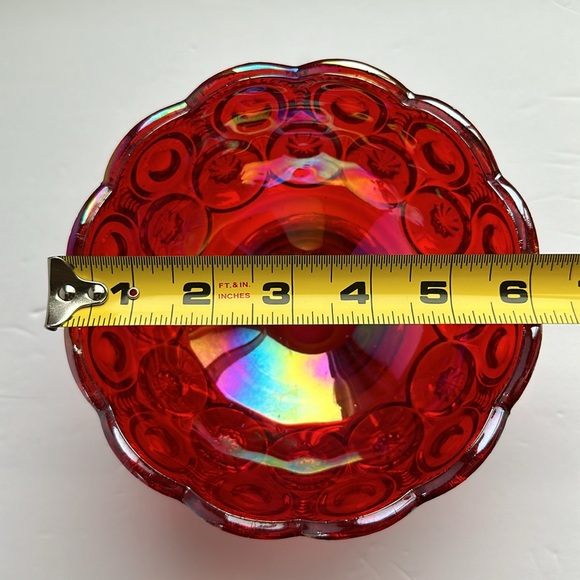 L E Smith Moon and Stars Iridescent Ruby Red Orange Carnival Glass Bowl 6” - Picture 8 of 9